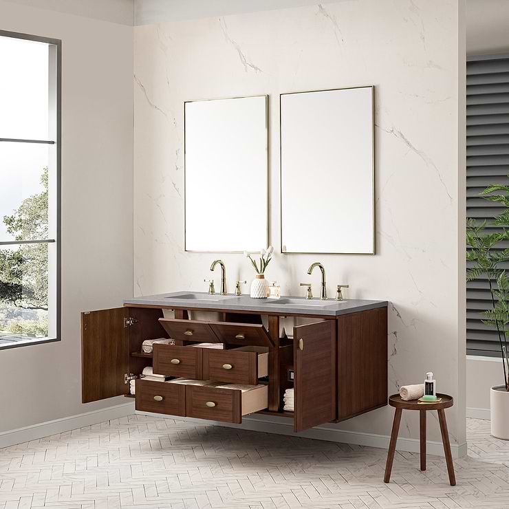 James Martin Vanities Amberly Mid-Century Walnut 60" Double Vanity with Eternal Serena Quartz Top