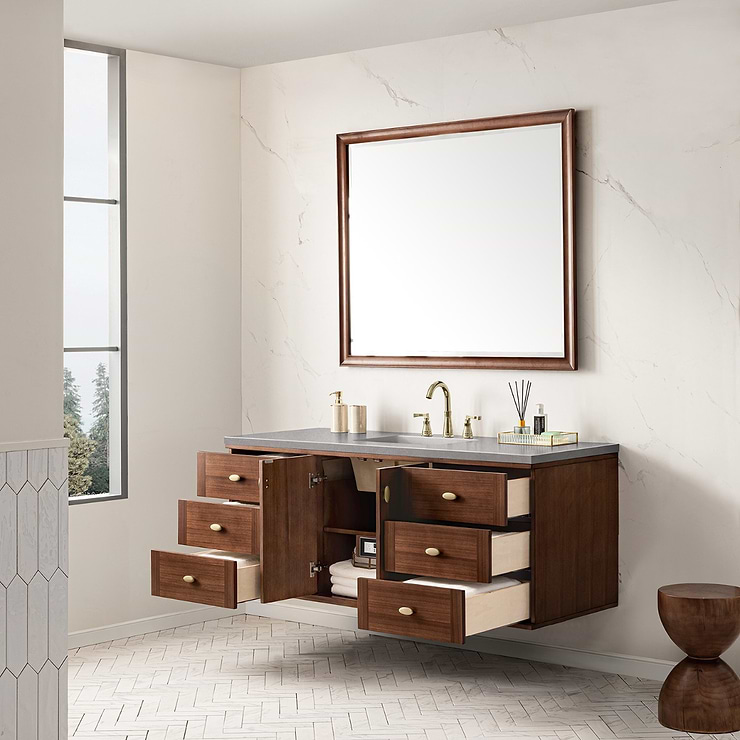 James Martin Vanities Amberly Mid-Century Walnut 60" Single Vanity with Eternal Serena Quartz Top