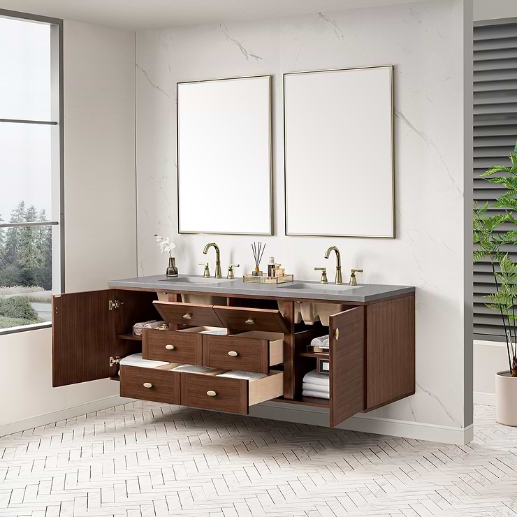 James Martin Vanities Amberly Mid-Century Walnut 72" Double Vanity with Eternal Serena Quartz Top
