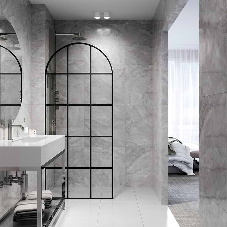 Burke 34x78" Reversible Framed Shower Screen with Grid Glass in Matte Black