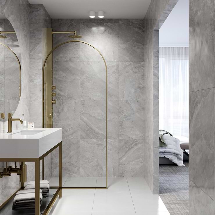 Burke 34x78" Reversible Framed Shower Screen with Clear Glass in Matte Brushed Gold