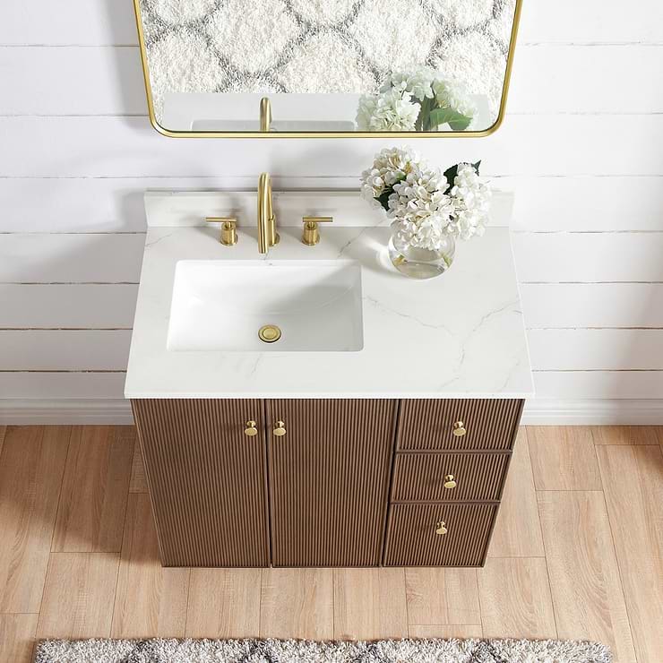Florencia Brown Oak 36" Single Vanity with Pacific White Quartz Top
