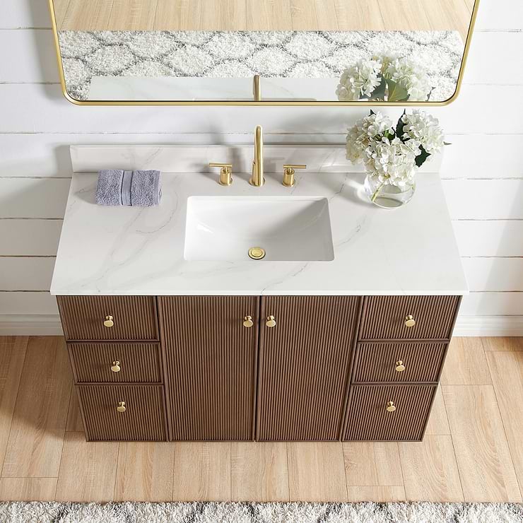 Florencia Brown Oak 48" Single Vanity with Pacific White Quartz Top