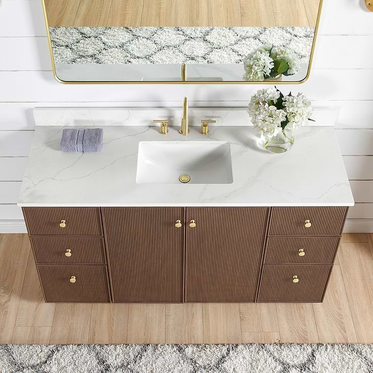 Florencia Brown Oak 60" Single Vanity with Pacific White Quartz Top