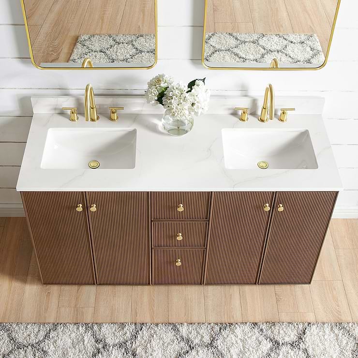 Florencia Brown Oak 60" Double Vanity with Pacific White Quartz Top