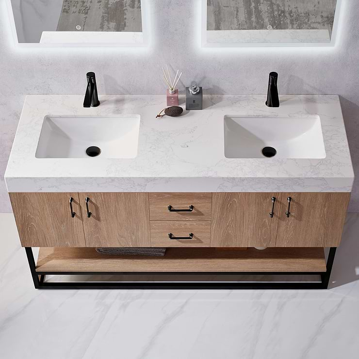 Ithica White Oak 60" Double Vanity and Black Hardware with Atlantic Stone Top