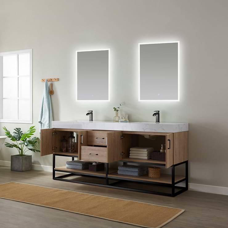 Ithica White Oak 72" Double Vanity and Black Hardware with Atlantic Stone Top