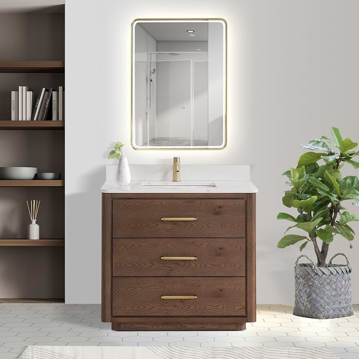 Genora Brown Oak 36" Single Vanity with Pacific White Quartz Top