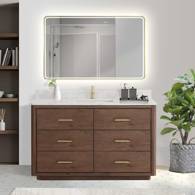 Genora Brown Oak 55" Single Vanity with Pacific White Quartz Top