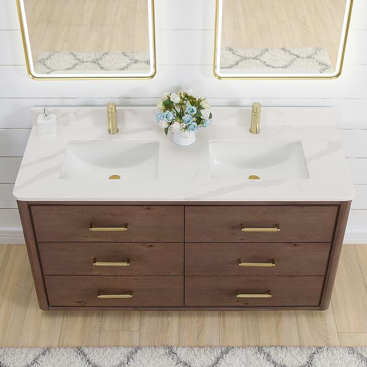 Genora Brown Oak 60" Double Vanity with Pacific White Quartz Top