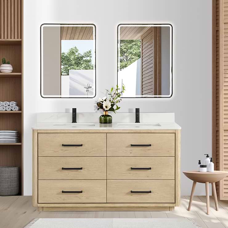 Genora Blonde Oak 60" Double Vanity with Pacific White Quartz Top