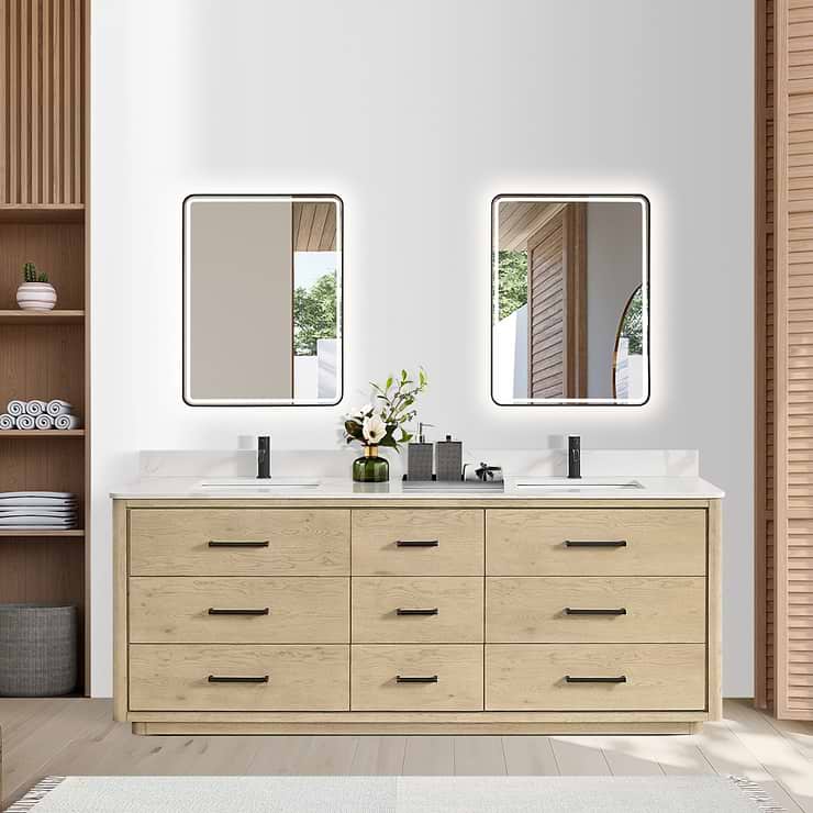 Genora Blonde Oak 84" Double Vanity with Pacific White Quartz Top