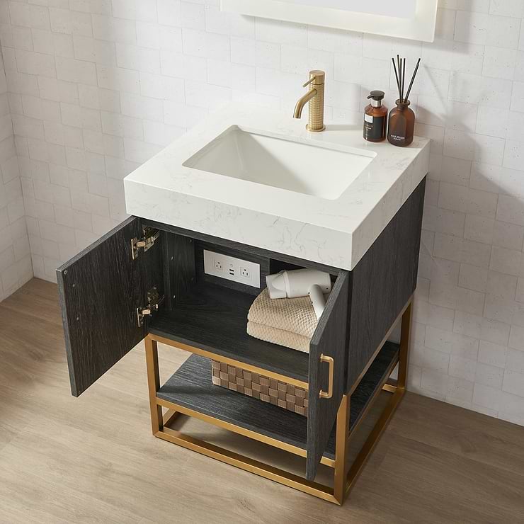 Ithica Black Oak 24" Single Vanity and Gold Hardware with Atlantic Stone Top