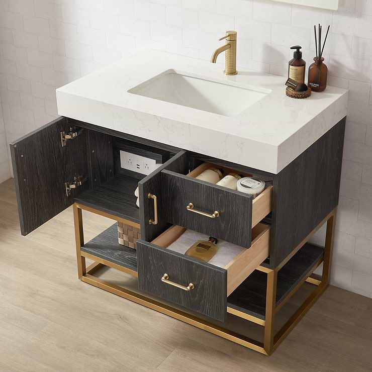 Ithica Black Oak 36" Single Vanity and Gold Hardware with Atlantic Stone Top