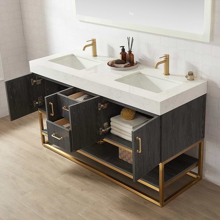 Ithica Black Oak 60" Double Vanity and Gold Hardware with Atlantic Stone Top