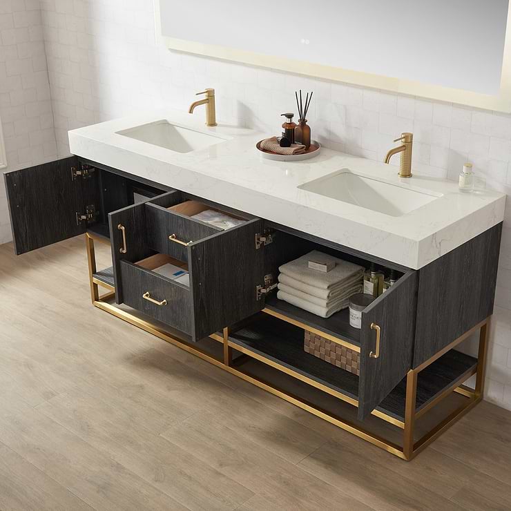 Ithica Black Oak 72" Double Vanity and Gold Hardware with Atlantic Stone Top