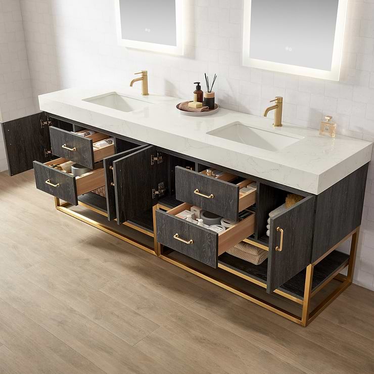 Ithica Black Oak 84" Double Vanity and Gold Hardware with Atlantic Stone Top