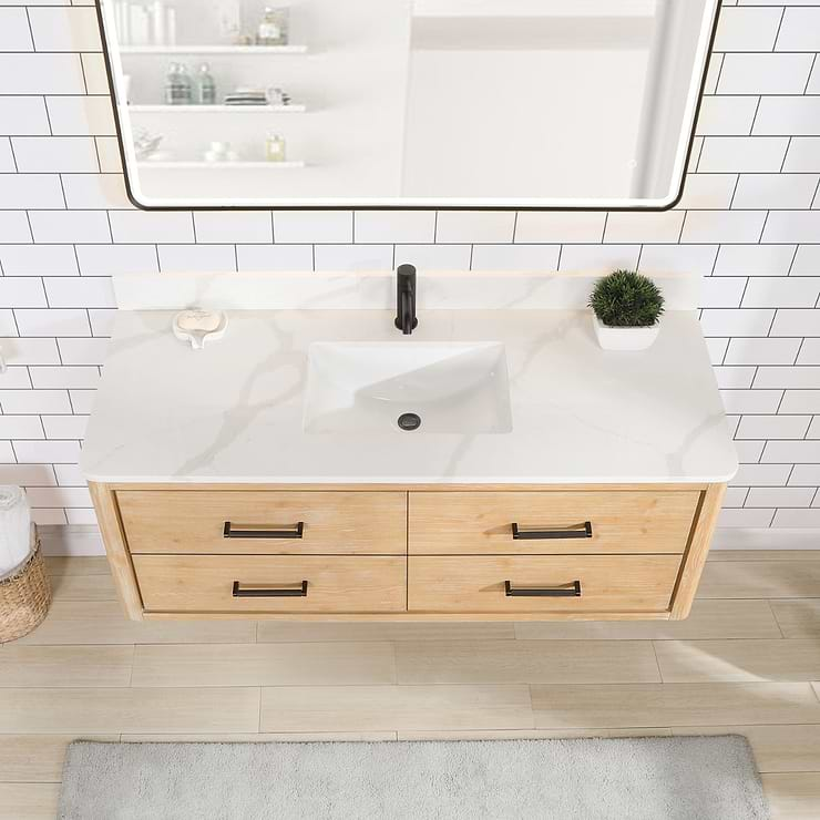 Riven Blonde Oak 55" Single Vanity with Pacific White Quartz Top