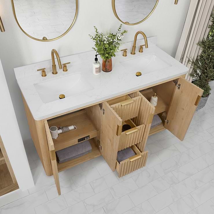 Solara Blonde Oak 60" Double Vanity with Bianco White Stone Top
