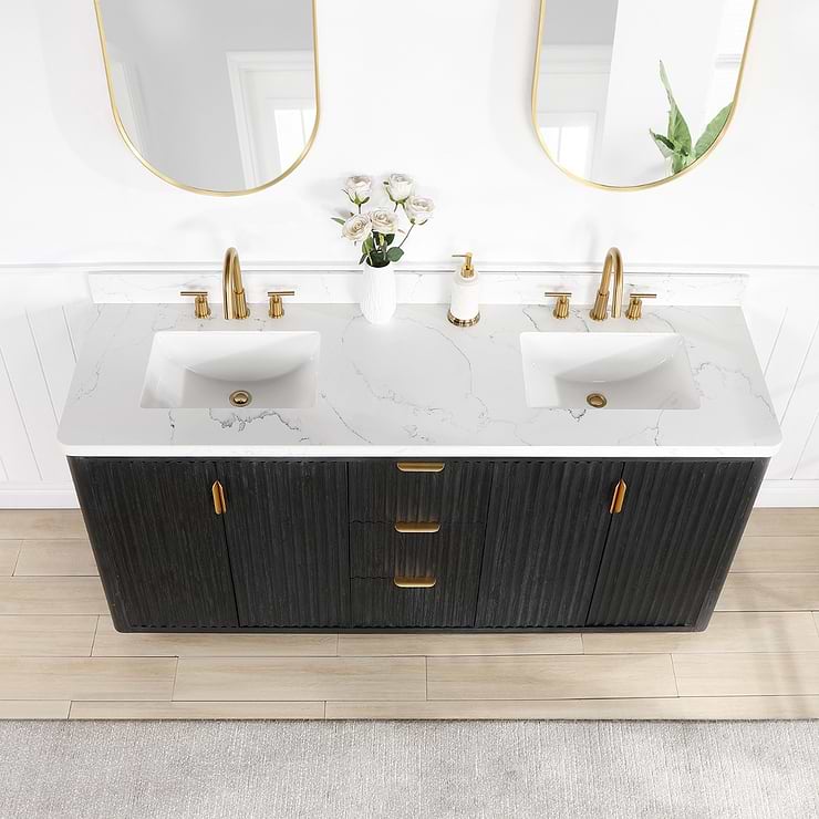 Solara Black Oak 72" Double Vanity with Bianco White Stone Top