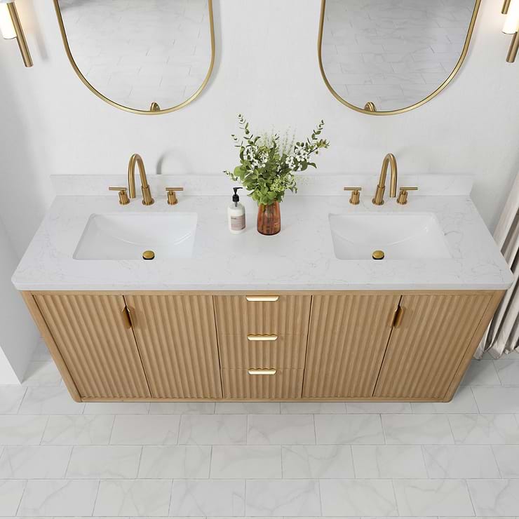 Solara Blonde Oak 72" Double Vanity with Bianco White Stone Top
