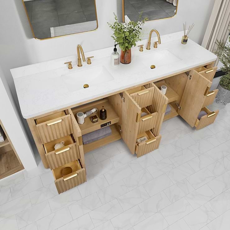 Solara Blonde Oak 84" Double Vanity with Bianco White Stone Top