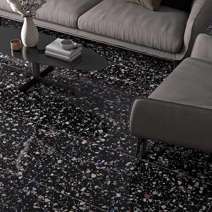 Bejeweled Black Multicolor 24x48 Terrazzo Look Polished Porcelain Tile