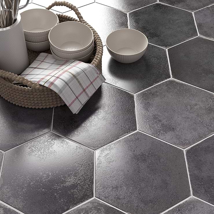 Kalay Antracite Gray 9" Hexagon Polished Porcelain Tile