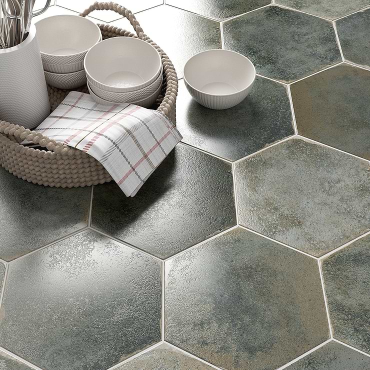 Kalay Green 9" Hexagon Polished Porcelain Tile