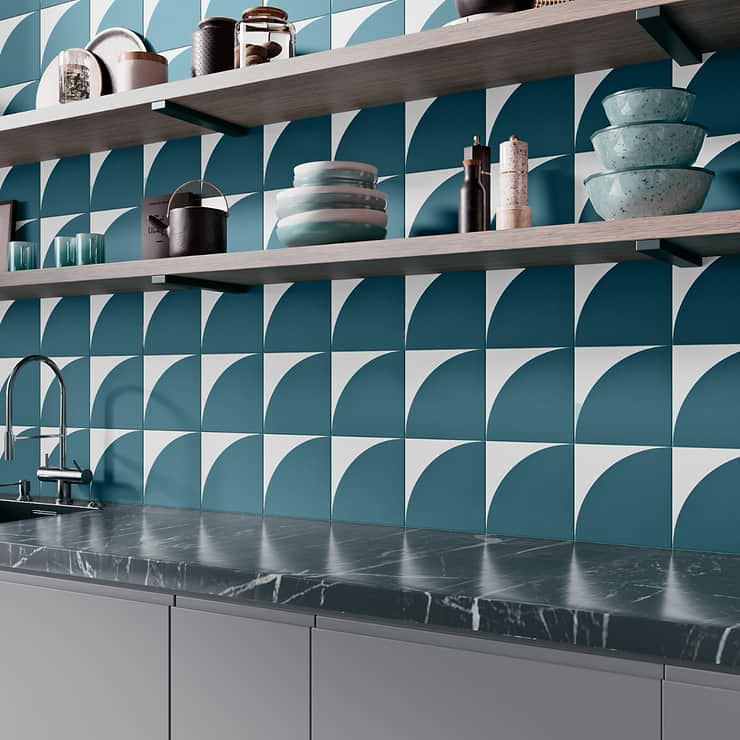 Stacy Garcia Maddox Deco Floor Teal Blue 8x8 Matte Porcelain Tile