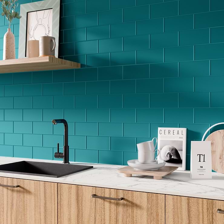 Stacy Garcia Maddox Frame Teal Blue 4x8 Matte Ceramic Subway Wall Tile