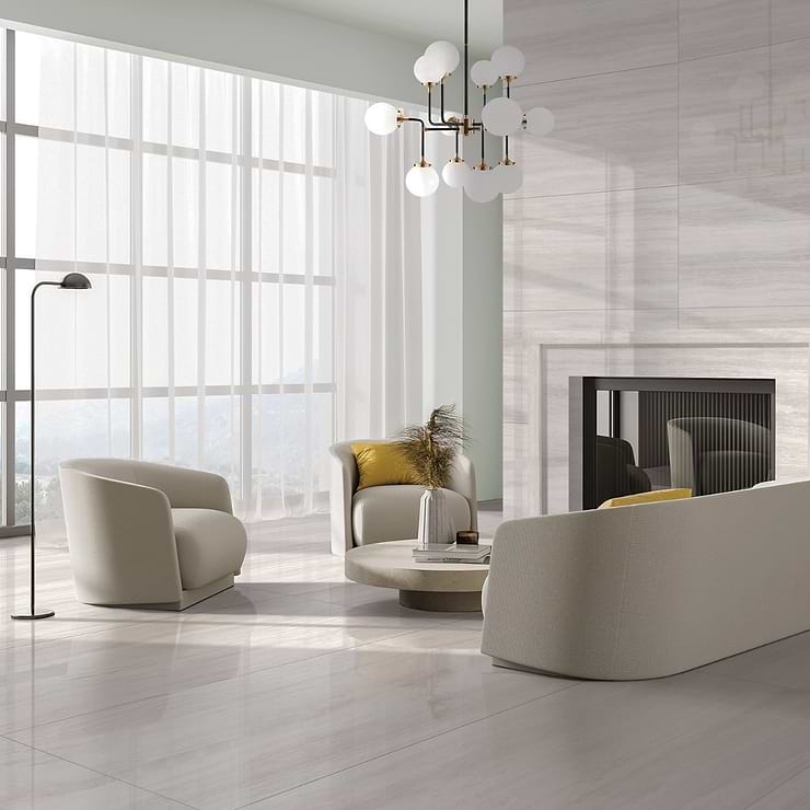 Nashville White 24x48 Travertine Look Polished Porcelain Tile