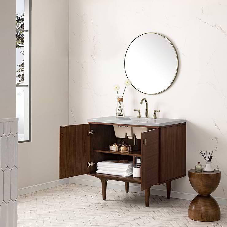James Martin Vanities Amberly Mid-Century Walnut 36" Single Vanity with Eternal Serena Quartz Top