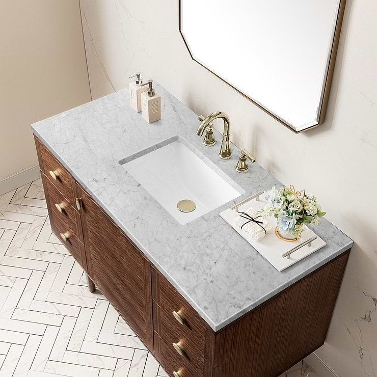 James Martin Vanities Amberly Mid-Century Walnut 48" Single Vanity with Carrara Marble Top