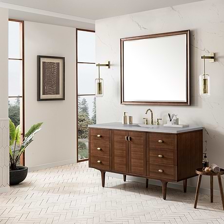 James Martin Vanities Amberly Mid-Century Walnut 60" Single Vanity with Eternal Serena Quartz Top
