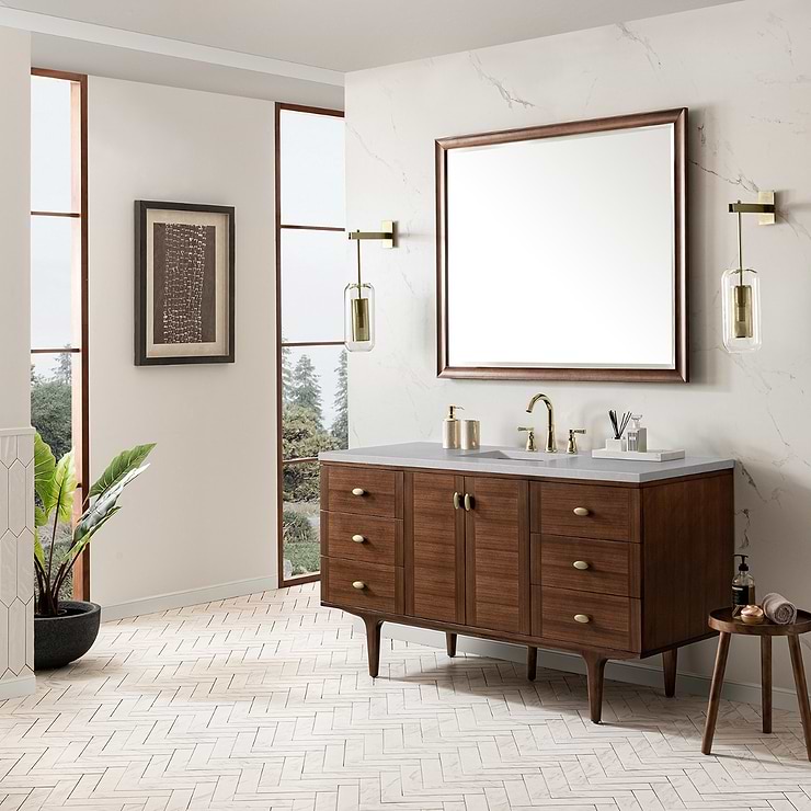 James Martin Vanities Amberly Mid-Century Walnut 60" Single Vanity with Eternal Serena Quartz Top