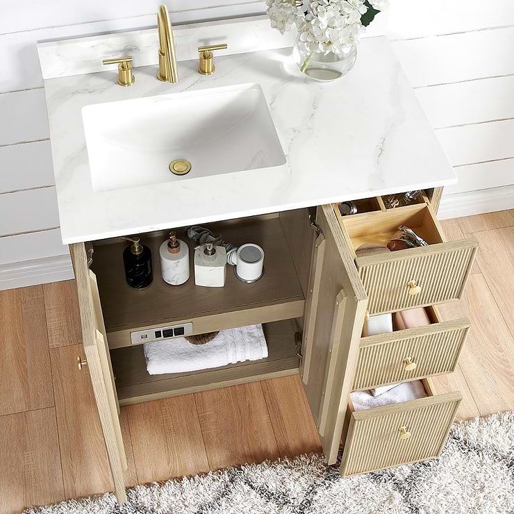 Florencia Blonde Oak 36" Single Vanity with Pacific White Quartz Top