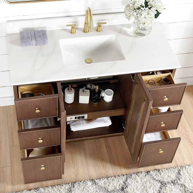 Florencia Brown Oak 48" Single Vanity with Pacific White Quartz Top