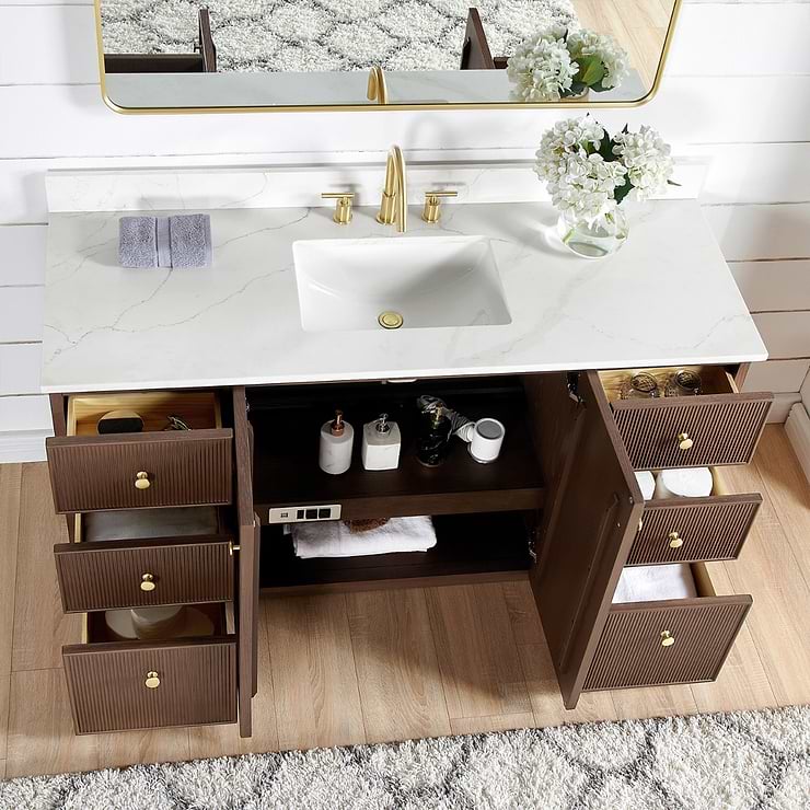 Florencia Brown Oak 60" Single Vanity with Pacific White Quartz Top