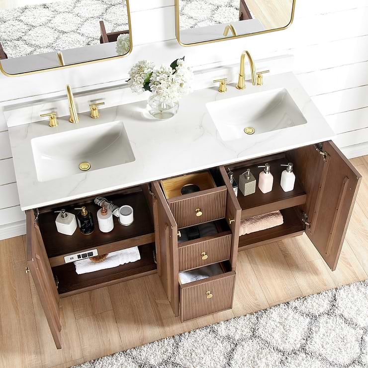 Florencia Brown Oak 60" Double Vanity with Pacific White Quartz Top