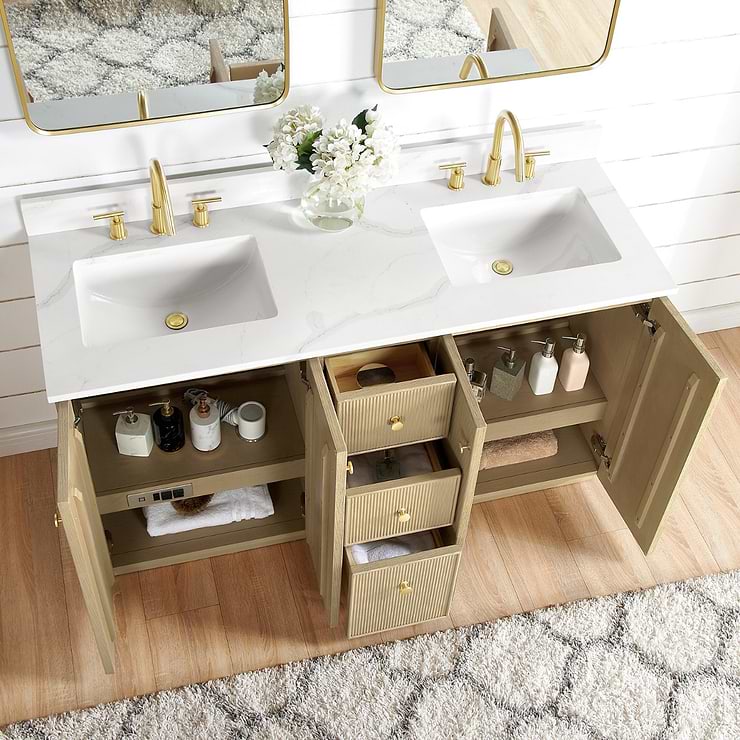 Florencia Blonde Oak 60" Double Vanity with Pacific White Quartz Top
