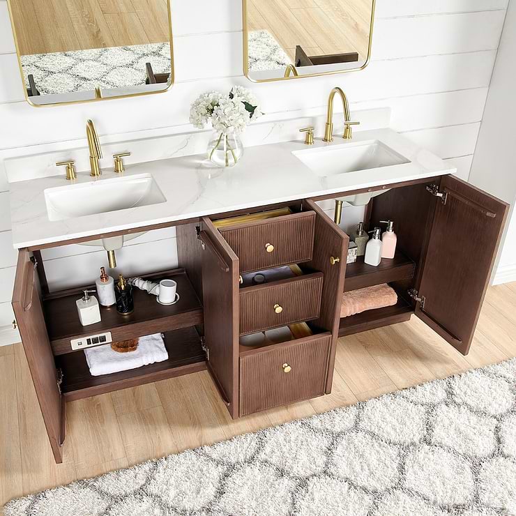 Florencia Brown Oak 72" Double Vanity with Pacific White Quartz Top