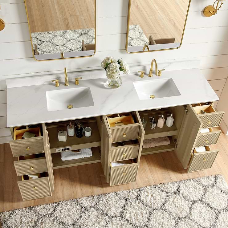 Florencia Blonde Oak 84" Double Vanity with Pacific White Quartz Top