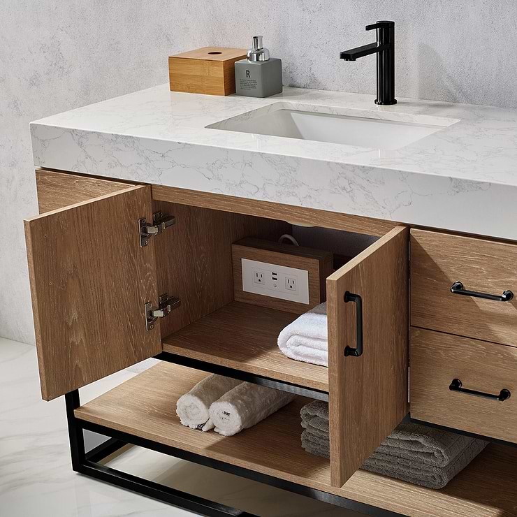 Ithica White Oak 48" Single Vanity and Black Hardware with Atlantic Stone Top