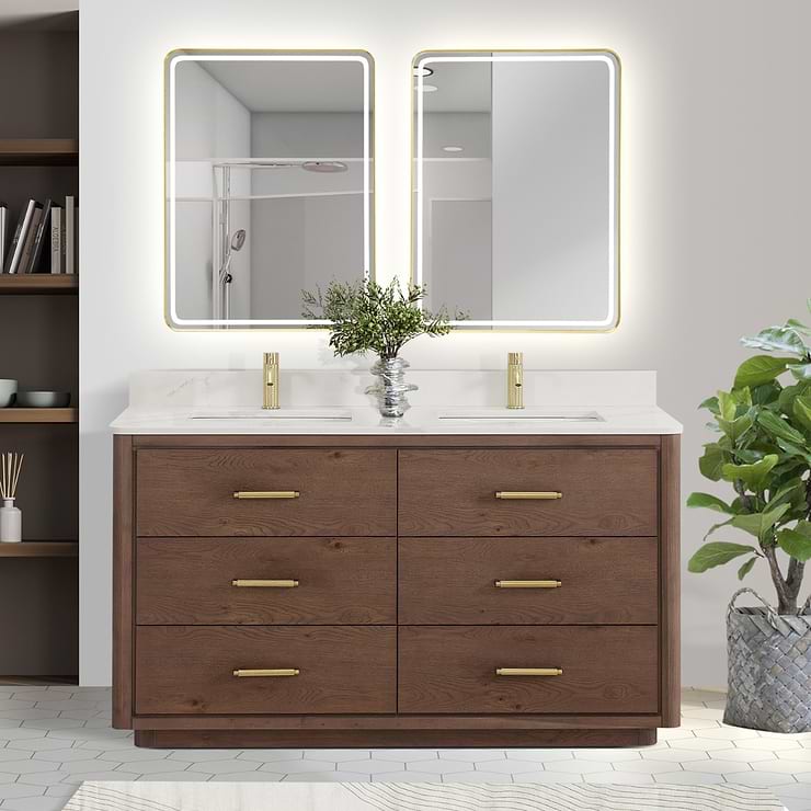 Genora Brown Oak 60" Double Vanity with Pacific White Quartz Top