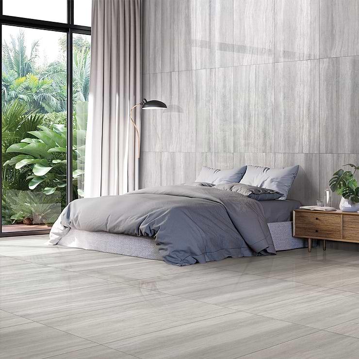 Nashville Gray 24x48 Travertine Look Polished Porcelain Tile