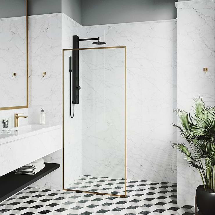 Finestra 34x74" Reversible Fixed Shower Door with Clear Glass in Brushed Gold