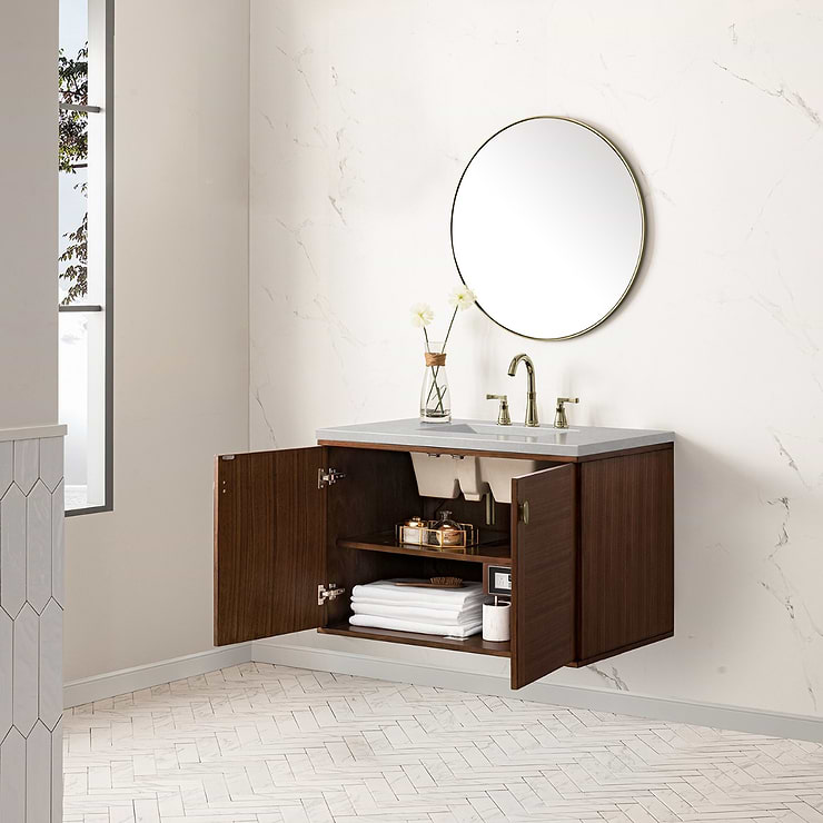 James Martin Vanities Amberly Mid-Century Walnut 36" Single Vanity with Eternal Serena Quartz Top