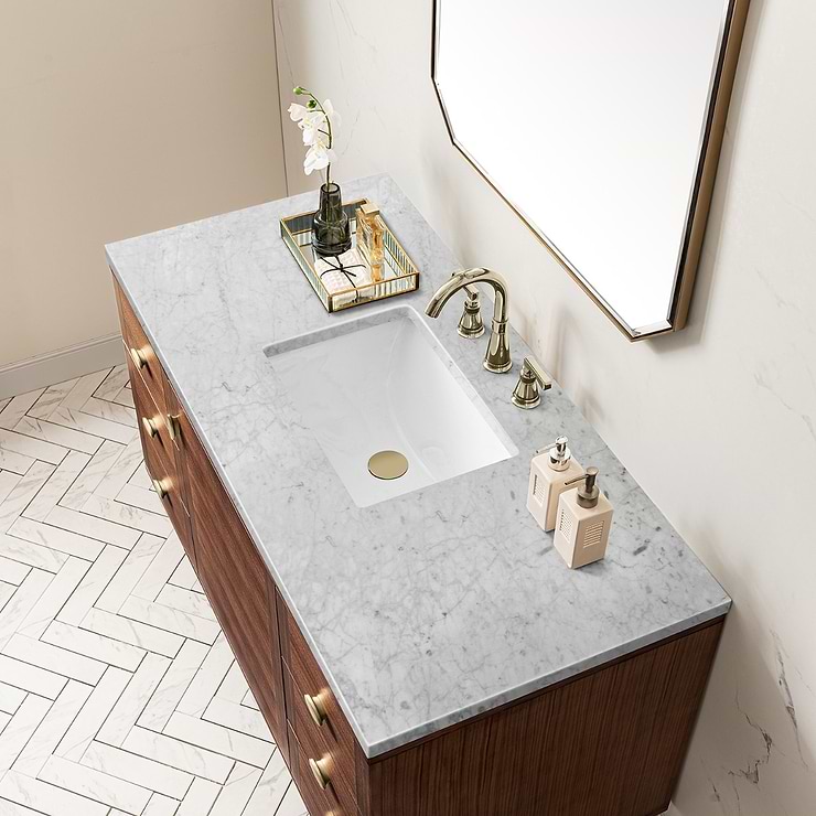 James Martin Vanities Amberly Mid-Century Walnut 48" Single Vanity with Carrara Marble Top