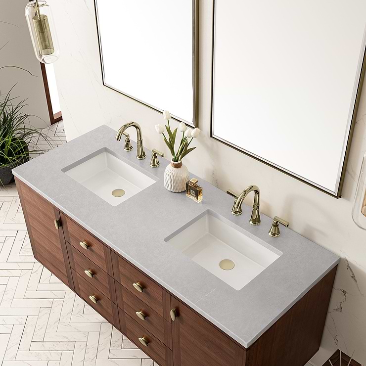 James Martin Vanities Amberly Mid-Century Walnut 60" Double Vanity with Eternal Serena Quartz Top